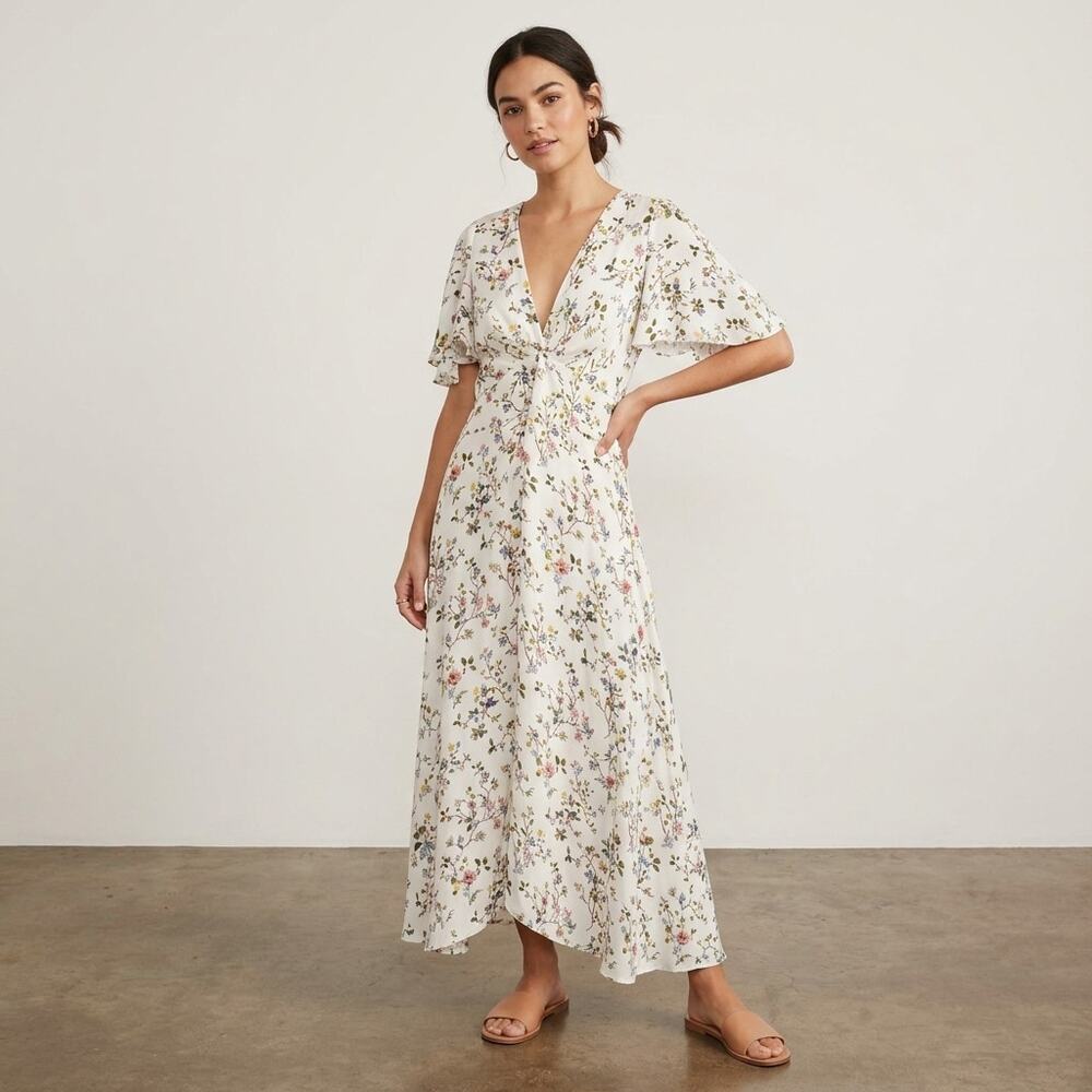 Divine Heritage Midi Dress Sz Medium White Floral Cottagecore Cupro Prairie Boho